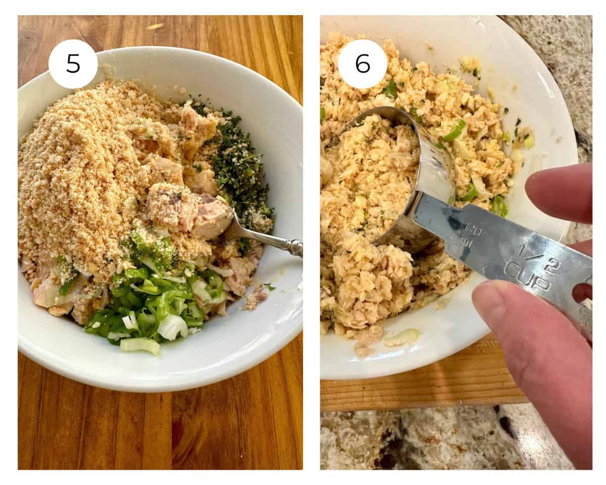 Salmon patty ingredients in a bowl and being spooned up with a measuring scoop.