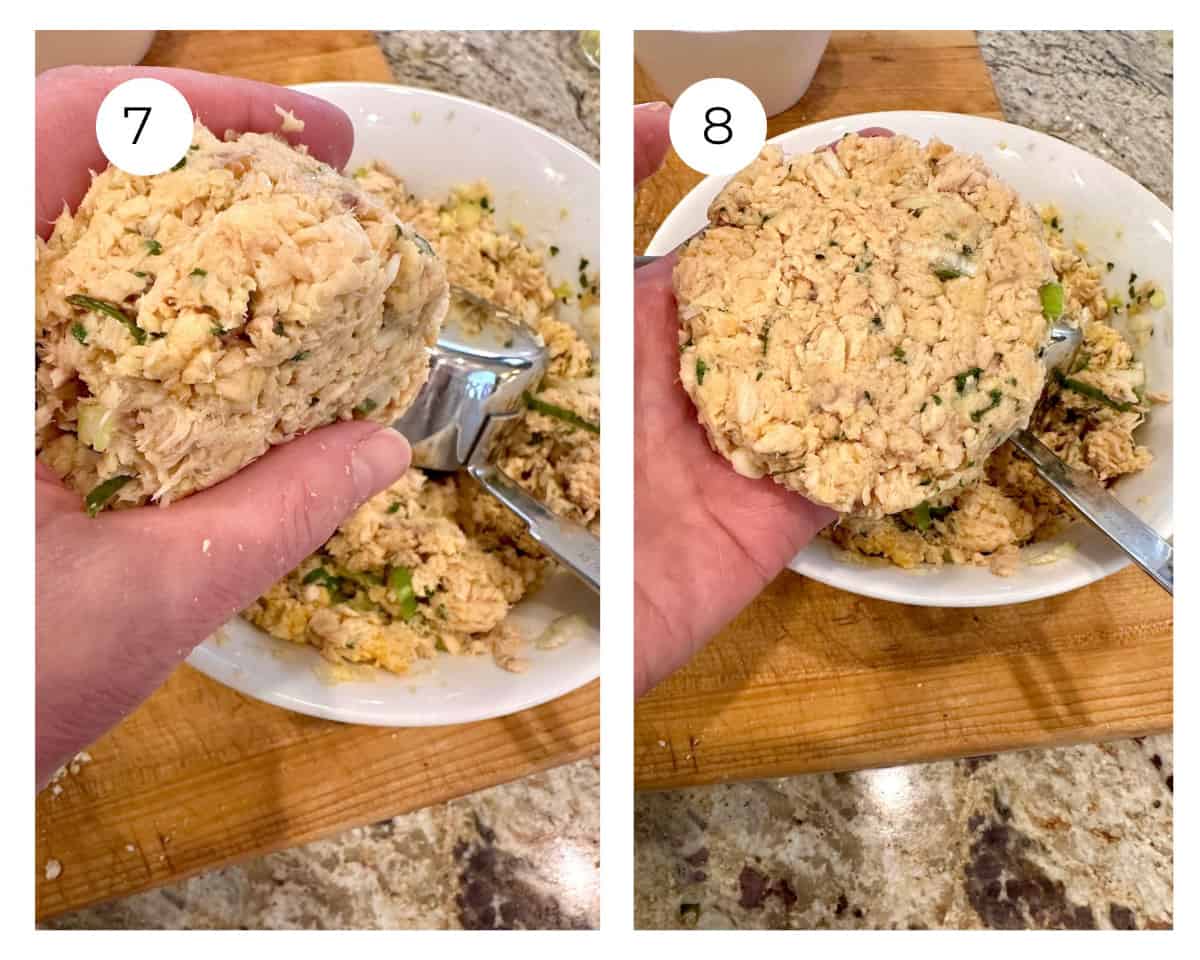 Salmon patty ingredients held in a hand over a bowl and shaped into their form.