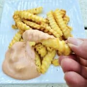 French fries on a plate with french fry sauce.