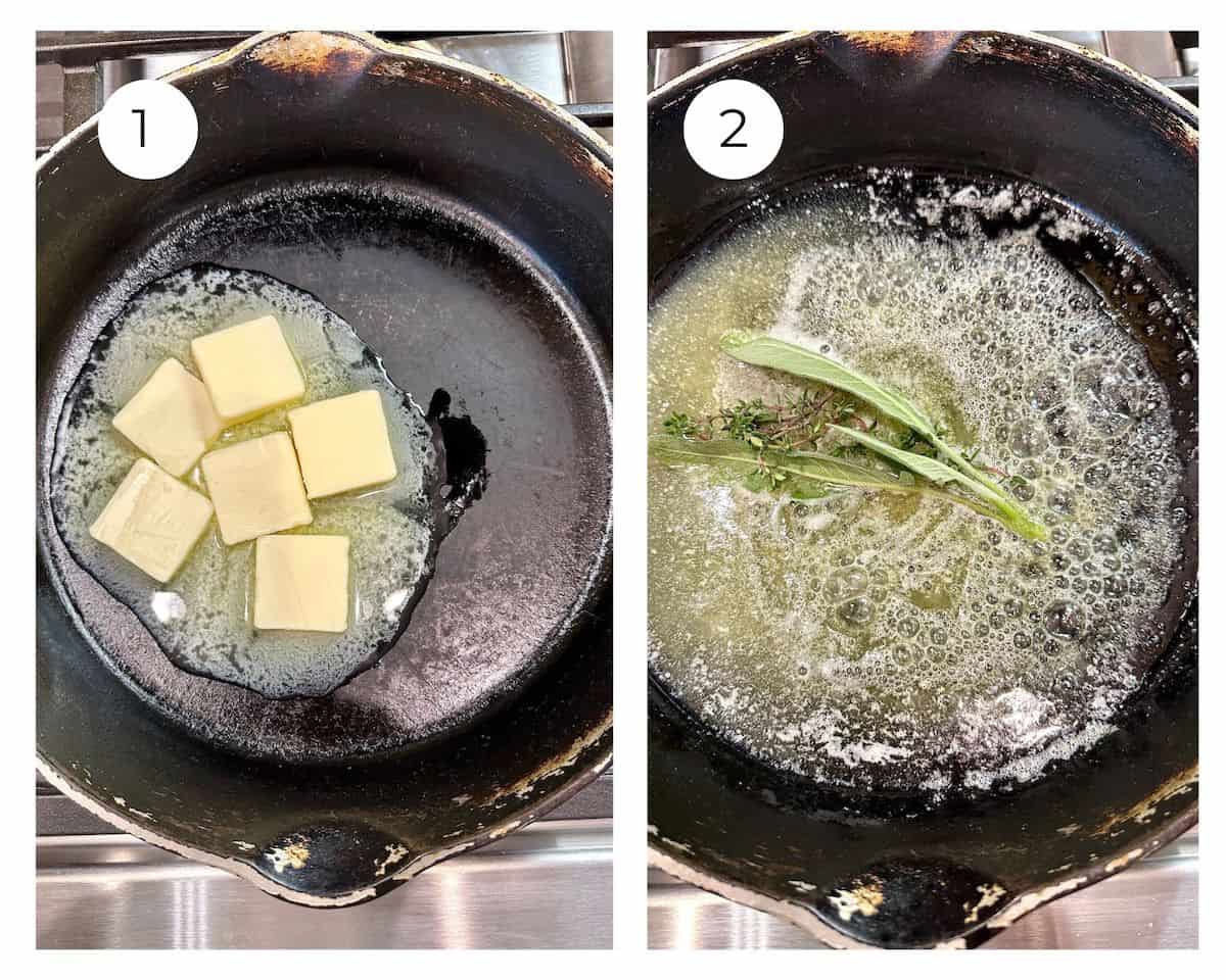 Melted butter in a skillet with fresh herbs.