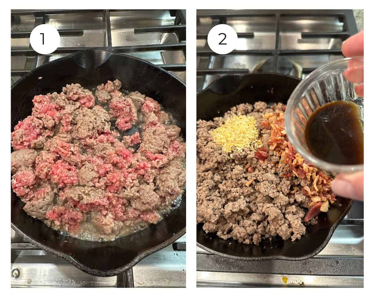 Uncooked hamburger in a skillet on the stove, and cooked hamburger with diced bacon, dried onion and sauce in a cup.