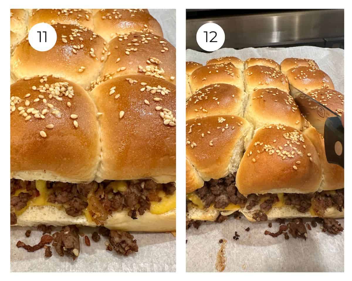 Cheeseburger sliders baked, and being sliced.