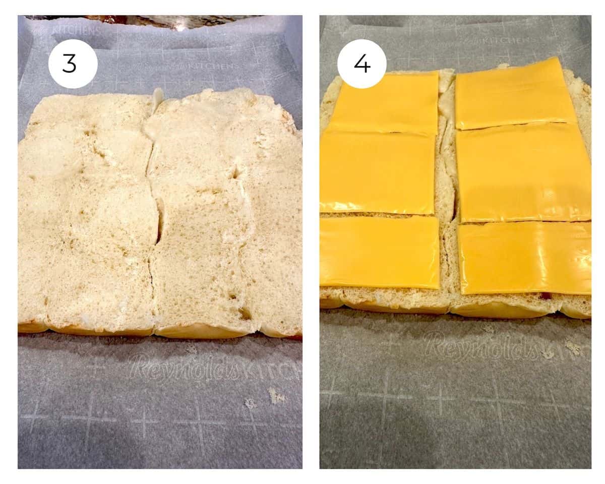 Hawaiian rolls halved on a baking sheet and with sliced cheese on top.