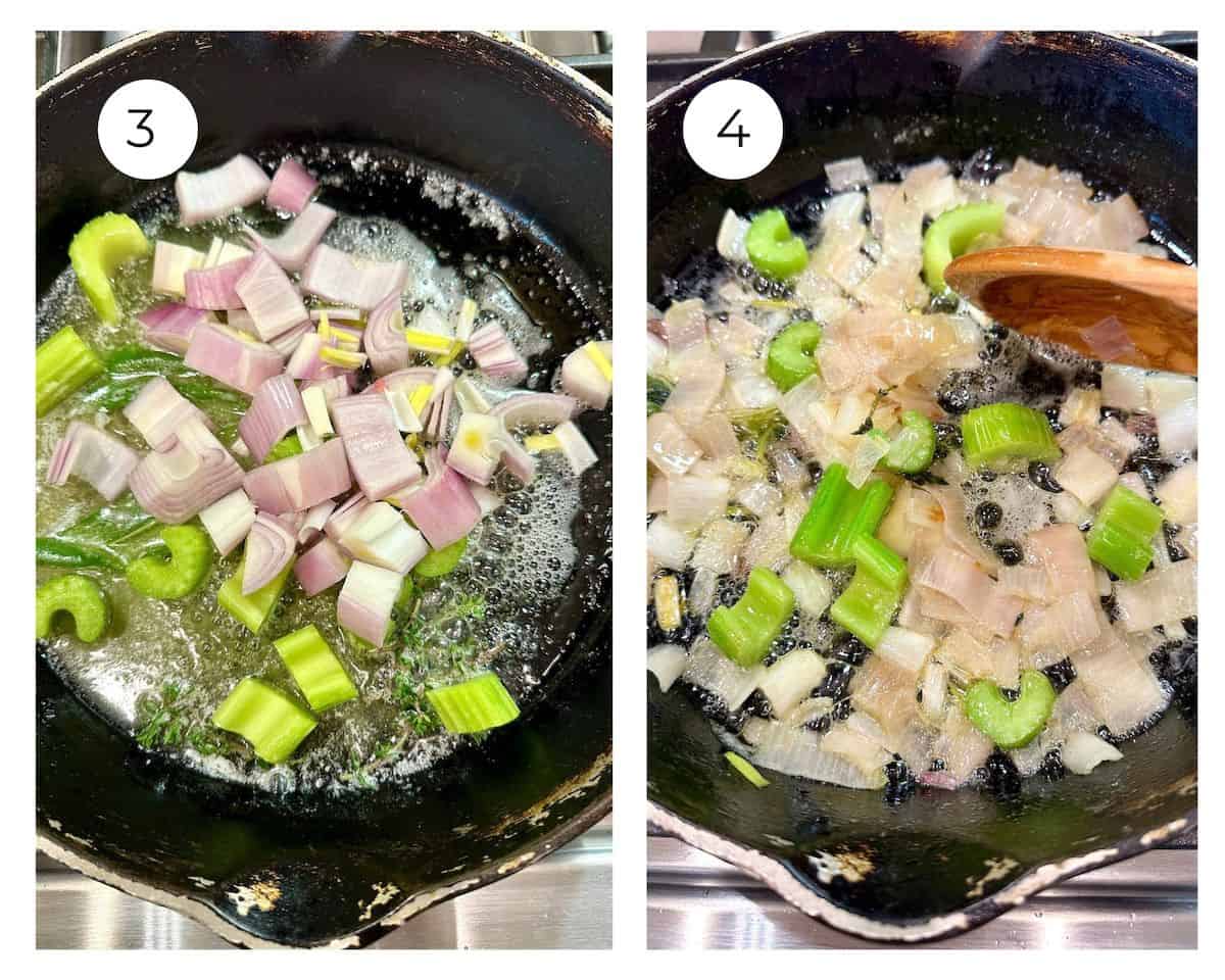 Diced shallots and celery in melted butter in a skillet.