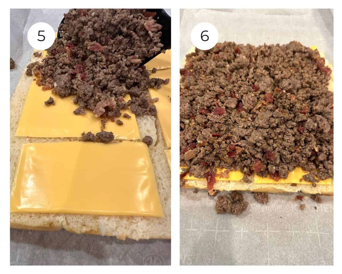 Ground beef added to the top of sliced cheese on the bottom half of Hawaiin rolls.