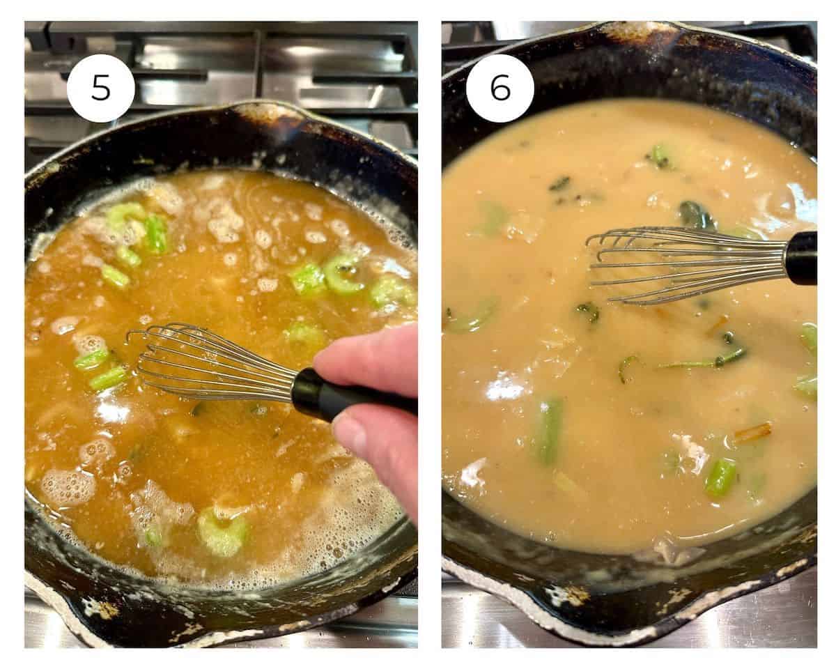 Broth added to gravy ingredients, thickened by whisking.