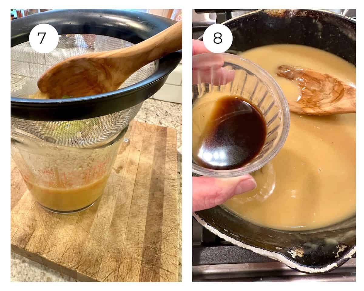 A strainer over a measuring cup full of gravy and a skillet full of thickened gravy with a small bowl full of soy sauce.