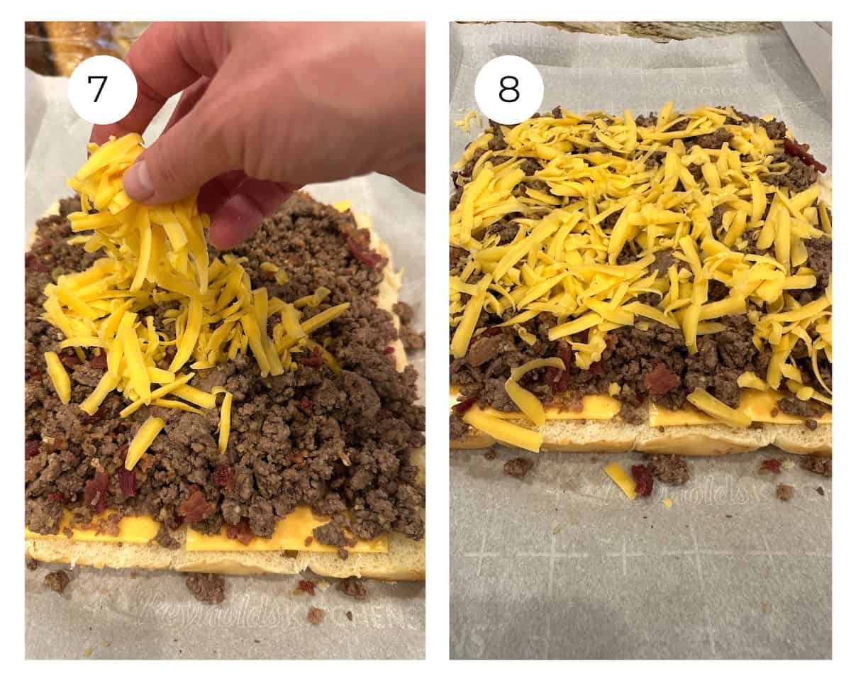 Shredded cheese on top of cooked ground beef.
