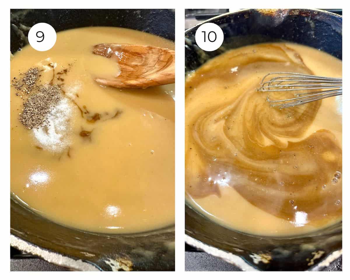 Gravy in a skillet with seasonings being added.