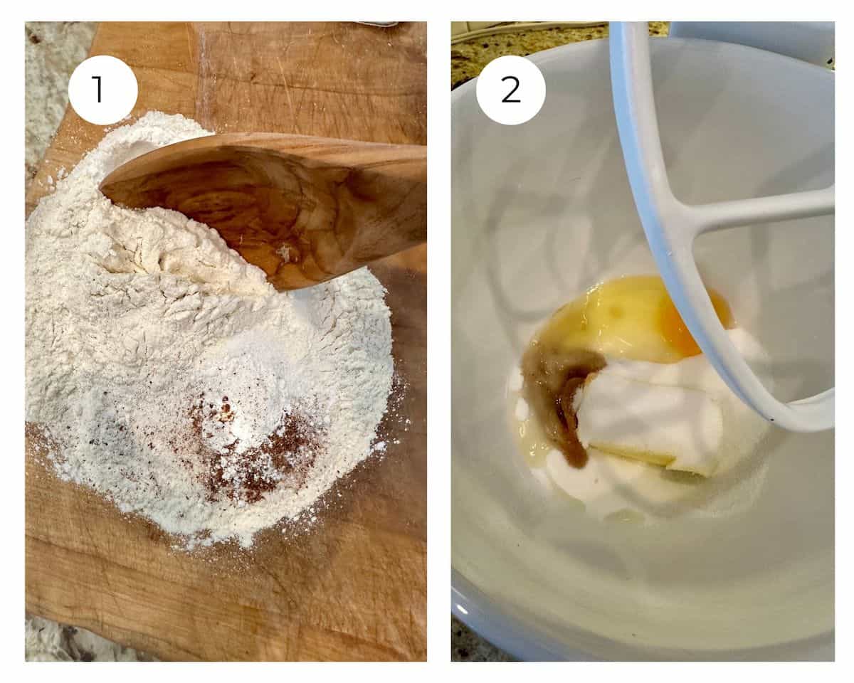 Dry ingredients and wet ingredients in separate bowls.
