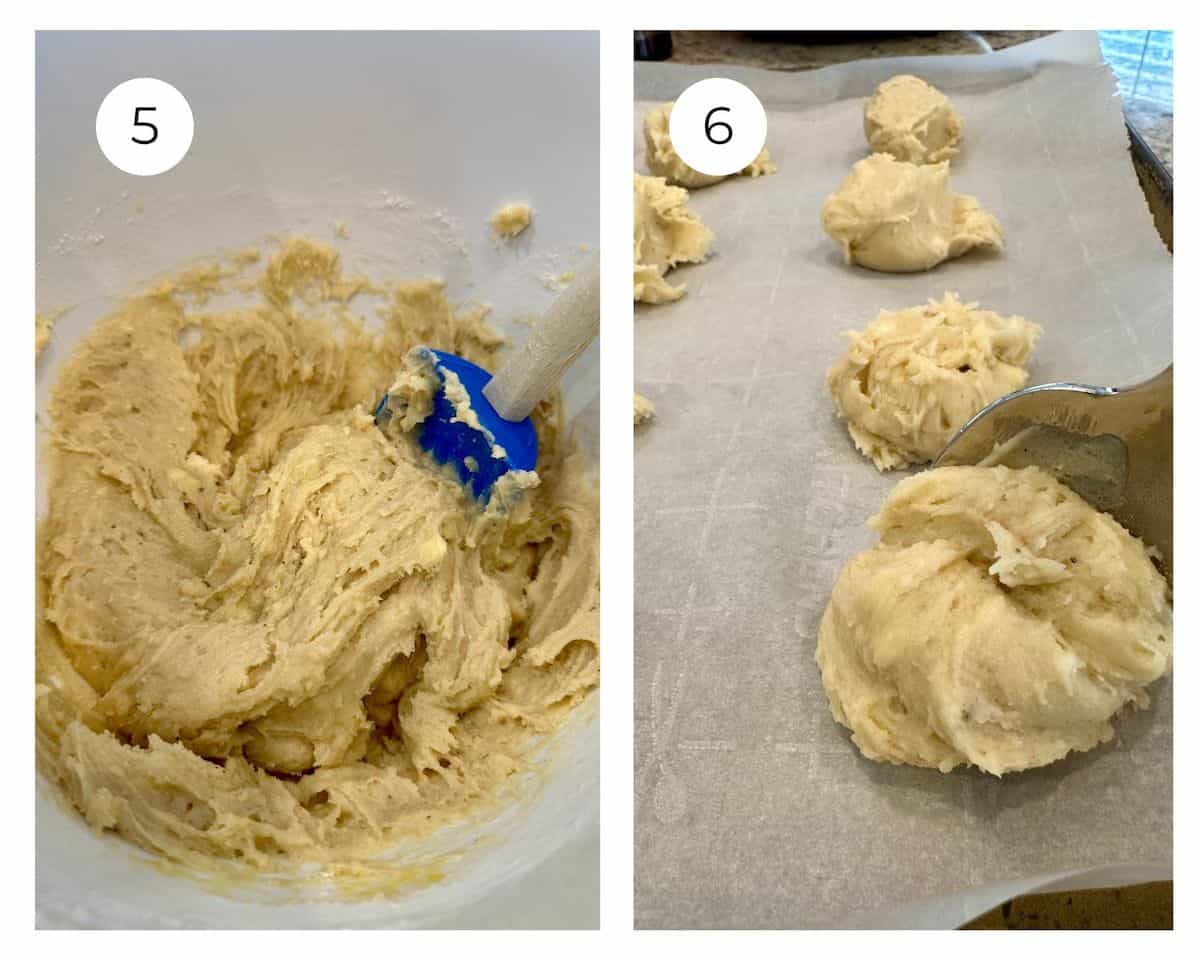 Sour cream cookie dough in a bowl and on a baking sheet.