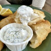 Tartar sauce in a small cup and fried fish on a plate.
