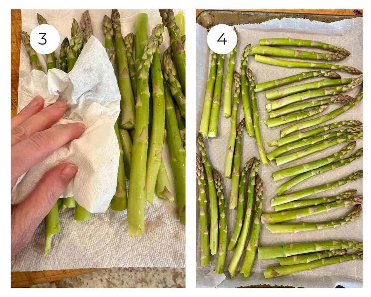 Drying asparagus with a paper towel and stalks of asparagus on a baking sheet.