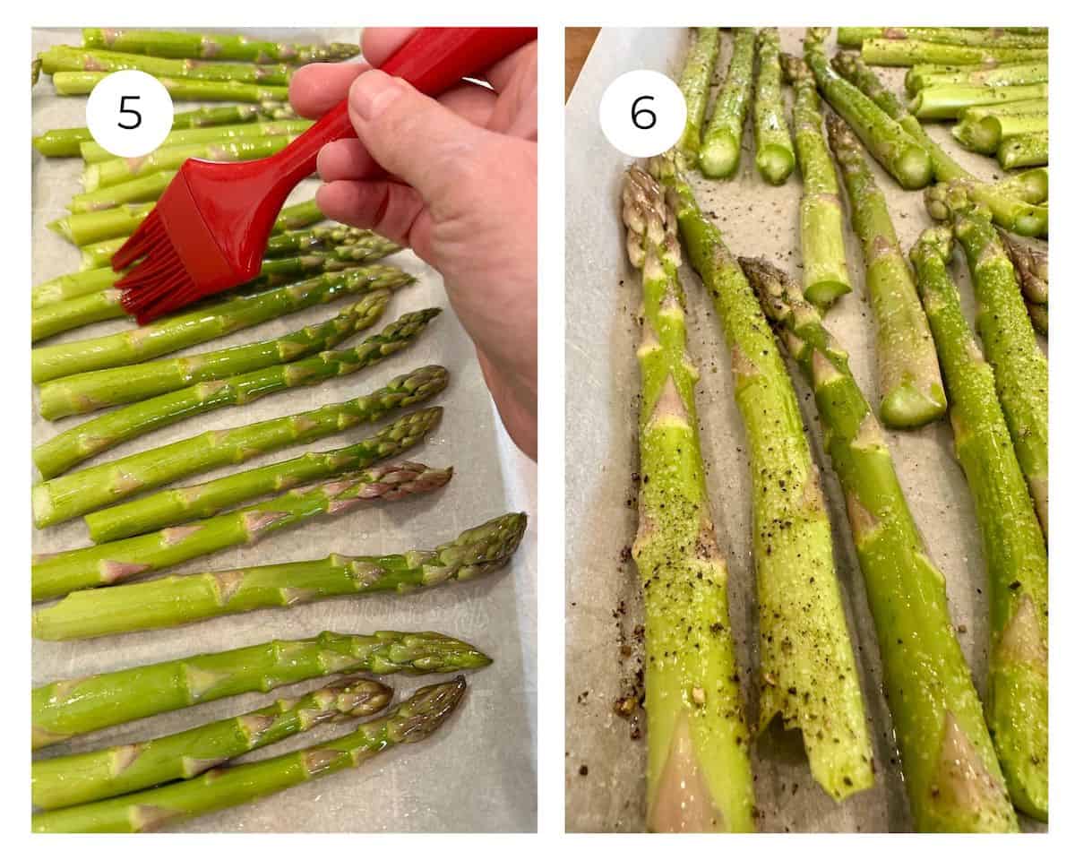 Asparagus on a baking sheet being brushed with olive oil and with salt and pepper.