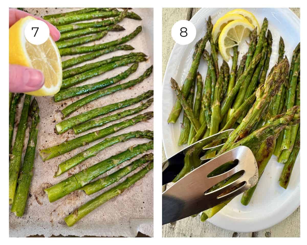 Asparagus on a baking sheet with lemon, then on a serving platter.