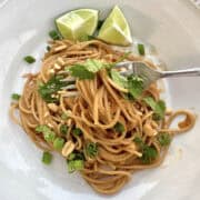 A serving of spicy peanut noodles on a plate with peanuts, onion and cilantro.