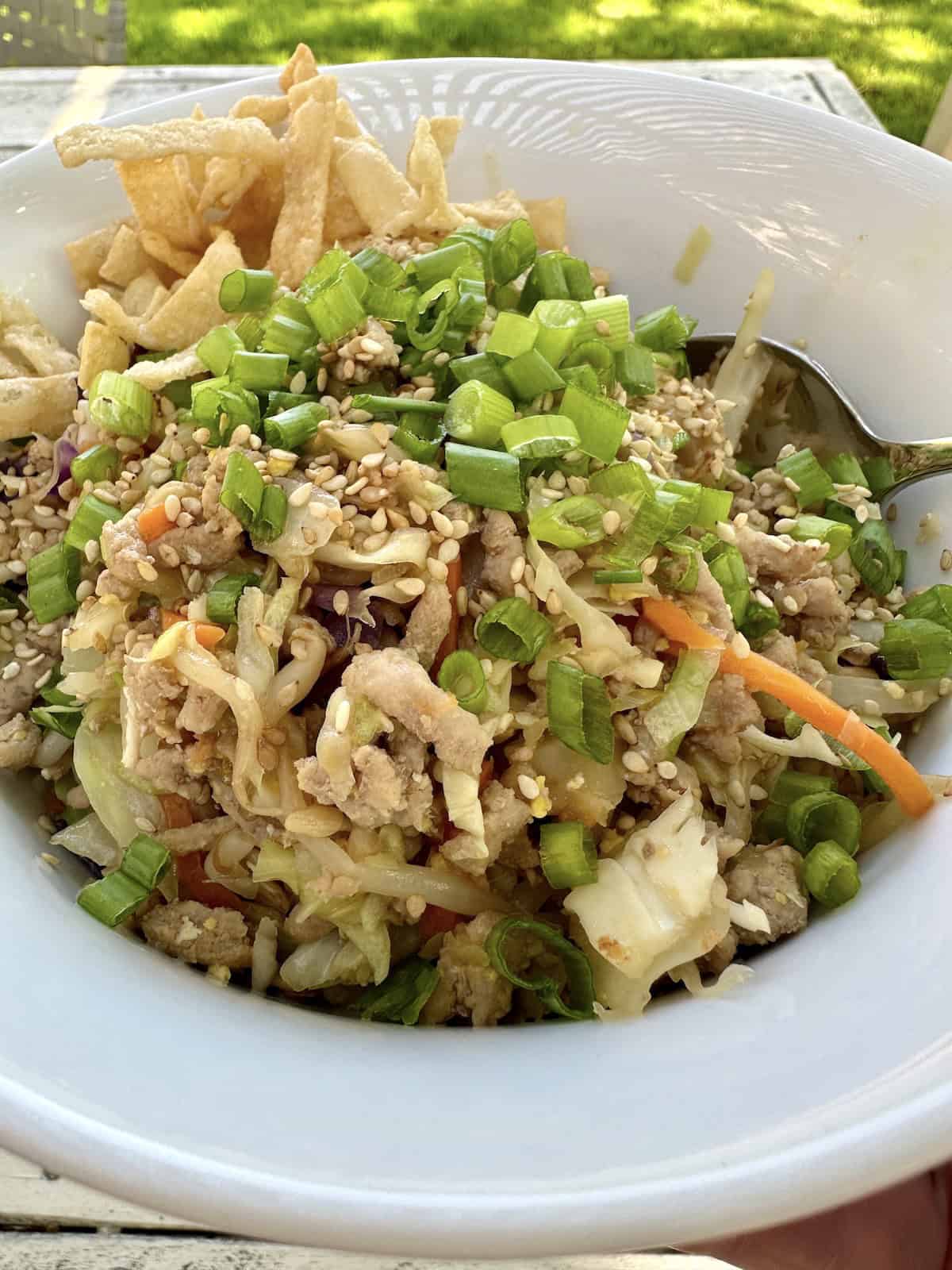 A serving of spring roll in a bowl topped with chopped green onions, sesame seeds and wonton strips.