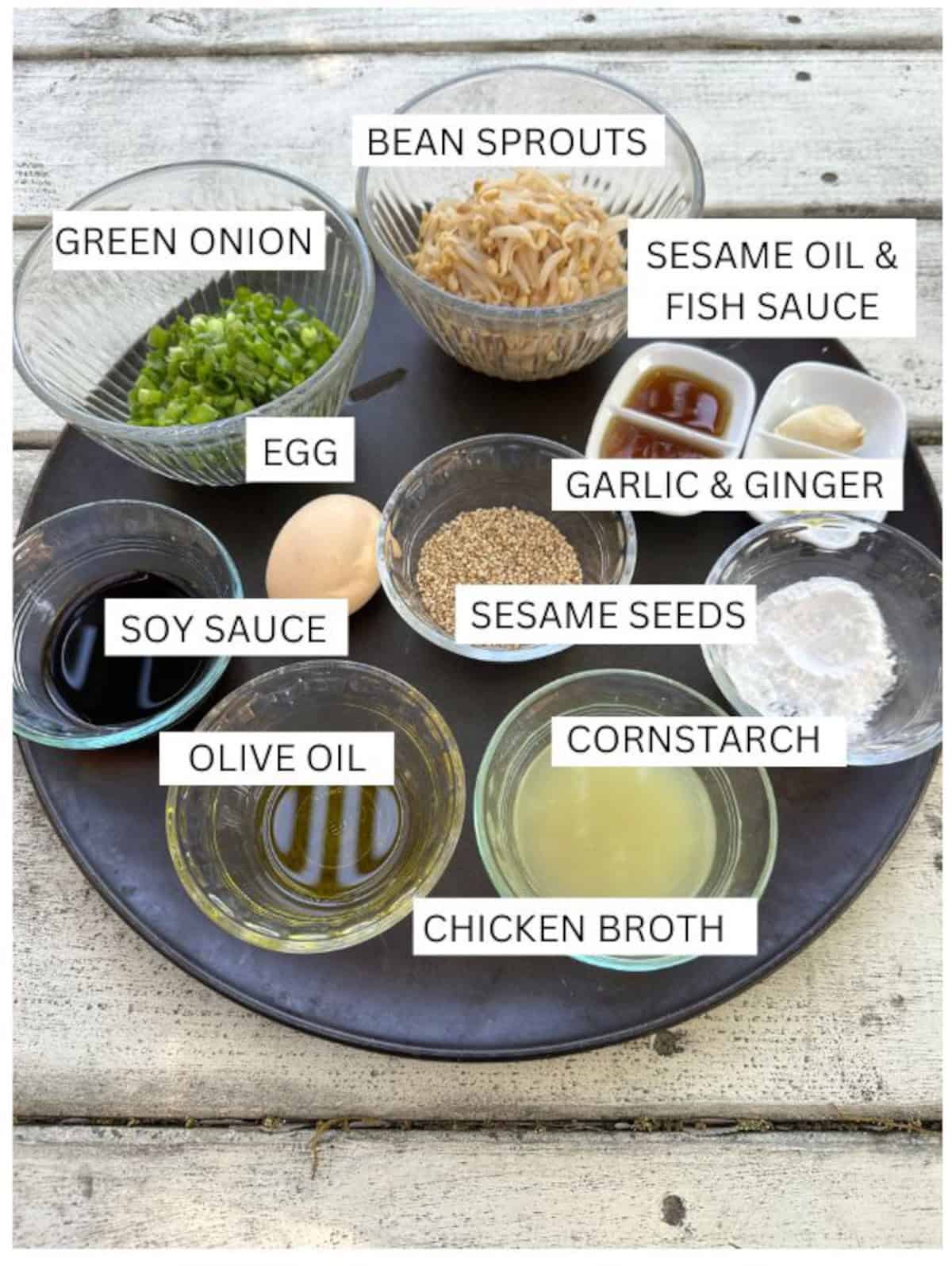 Labeled ingredients for spring roll in a bowl on a pan on a table.