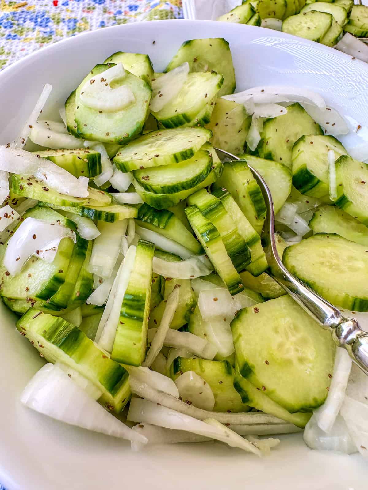 A bowl of quick pickled cucumbers with sliced onions in a bowl.