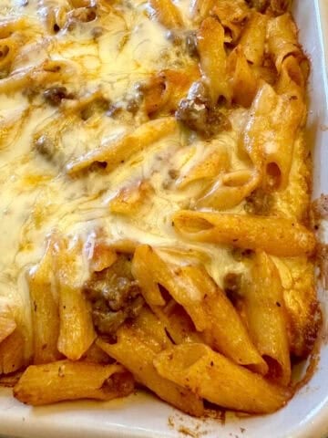 Baked lazy lasagna with mozzarella cheese on top.