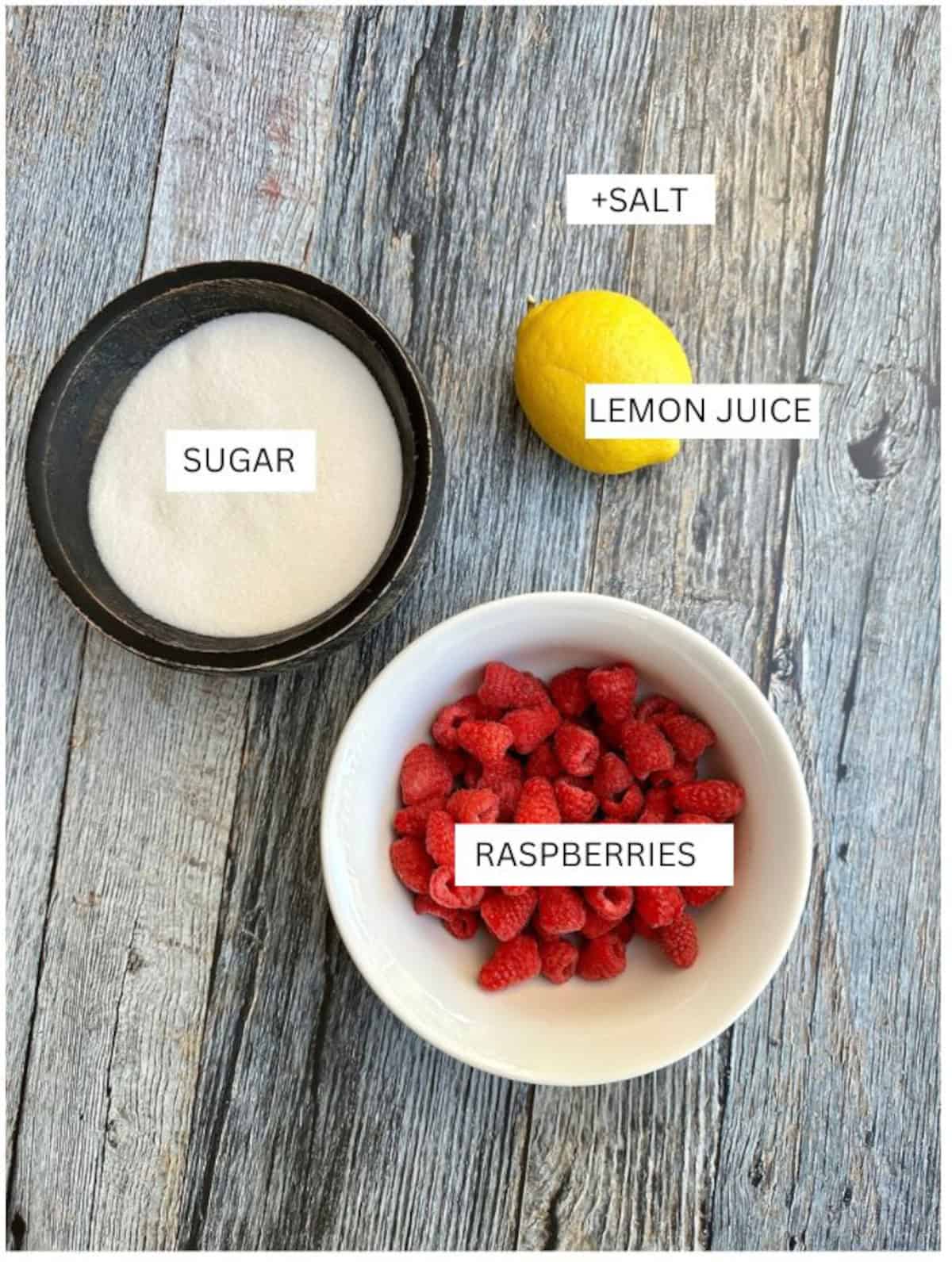 Ingredients for small batch raspberry jam.