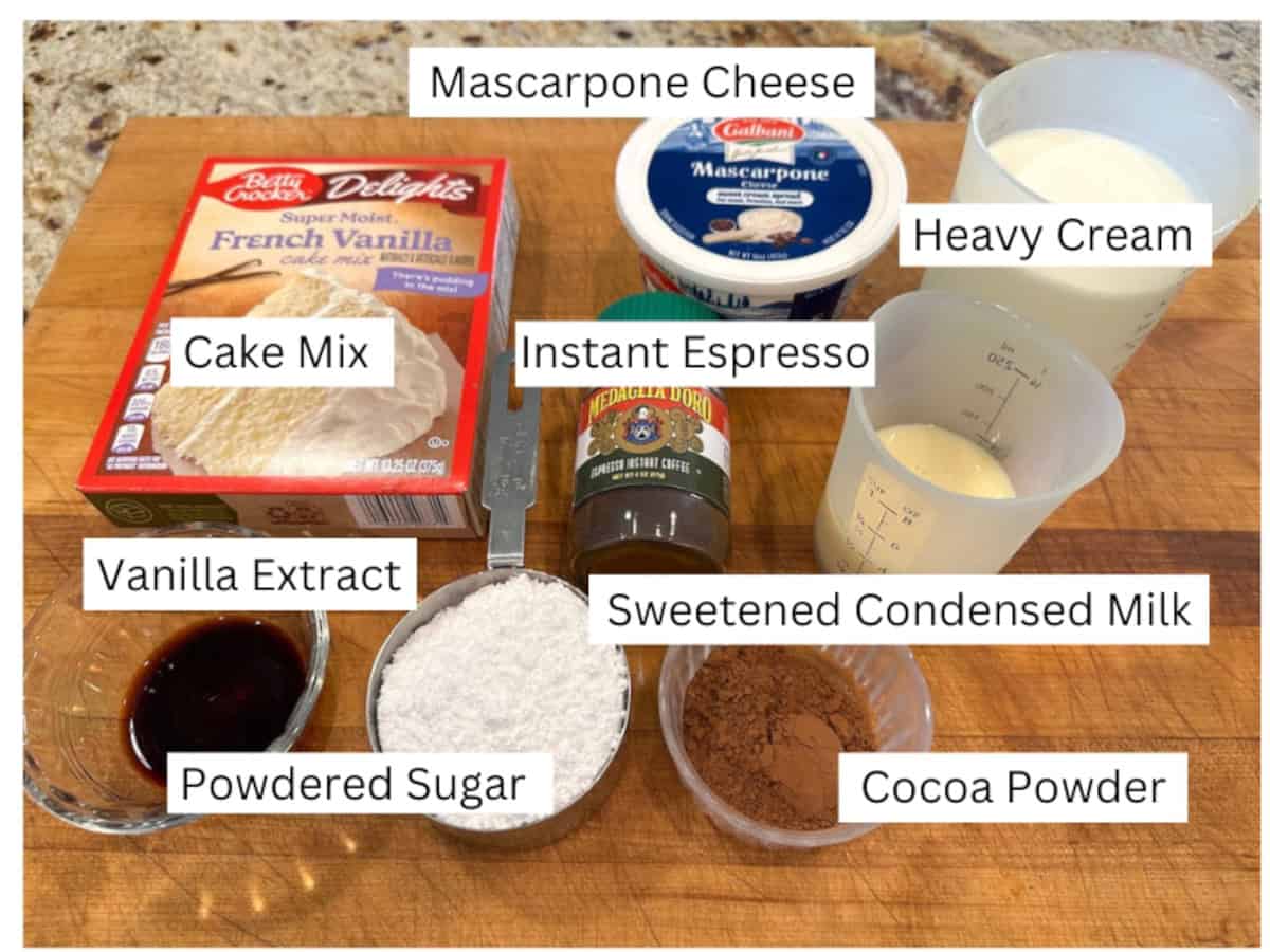 Labeled ingredients for Tiramisu cake.