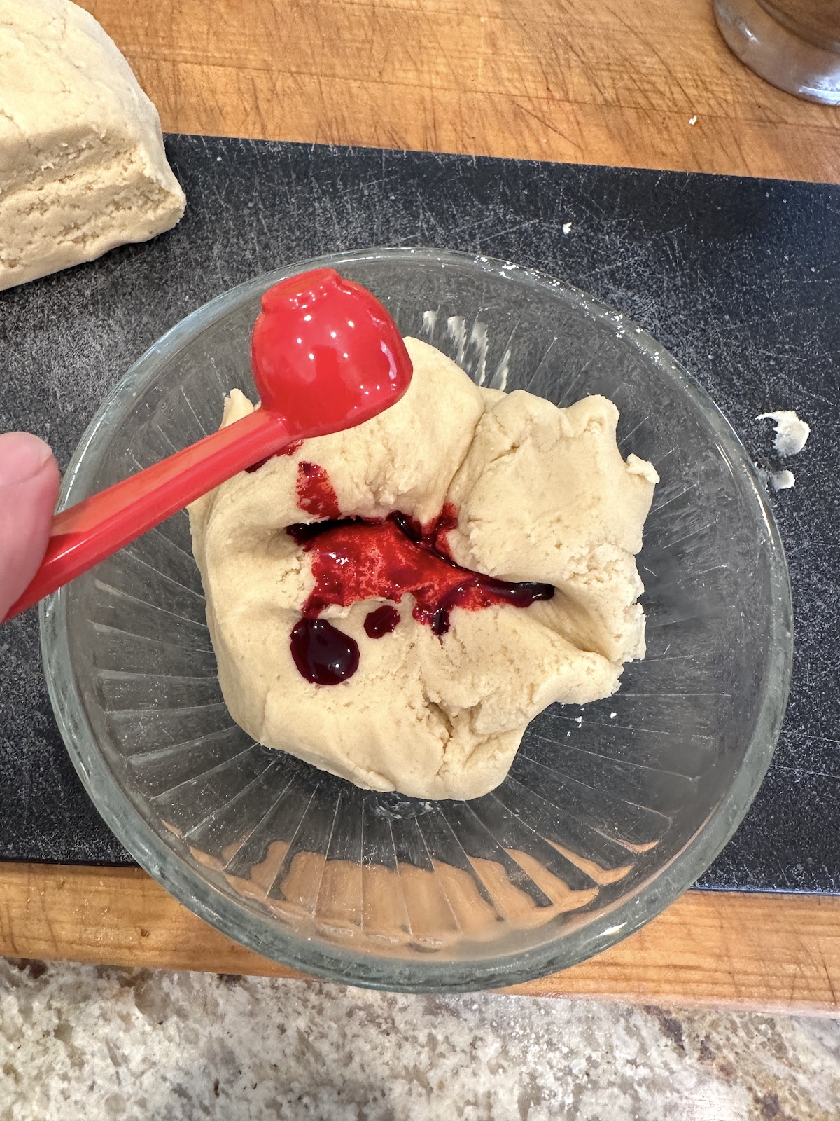 Food color added to unbaked cookie dough.