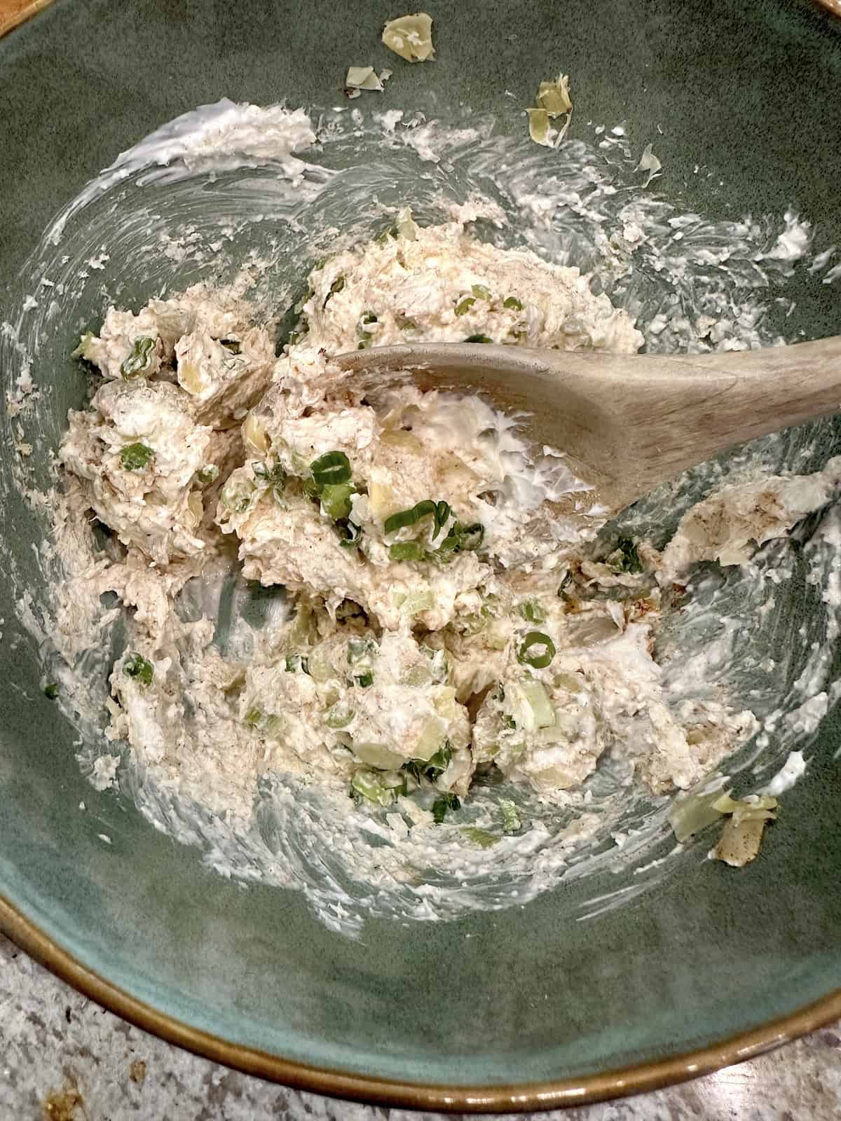 Blended ingredients for seafood dip in a bowl.