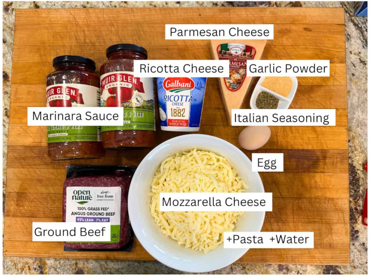 Labeled ingredients for lazy lasagna.