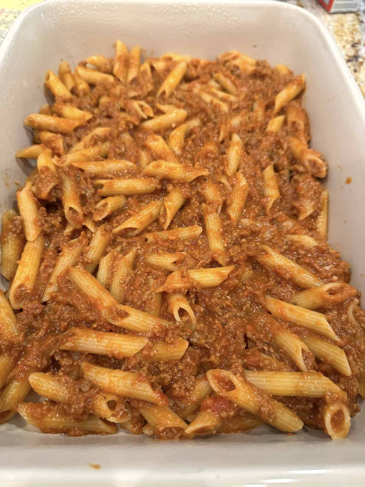 Pasta, sauce and meat in a baking dish.