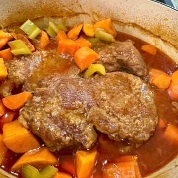 Dutch oven pot roast with vegetables.