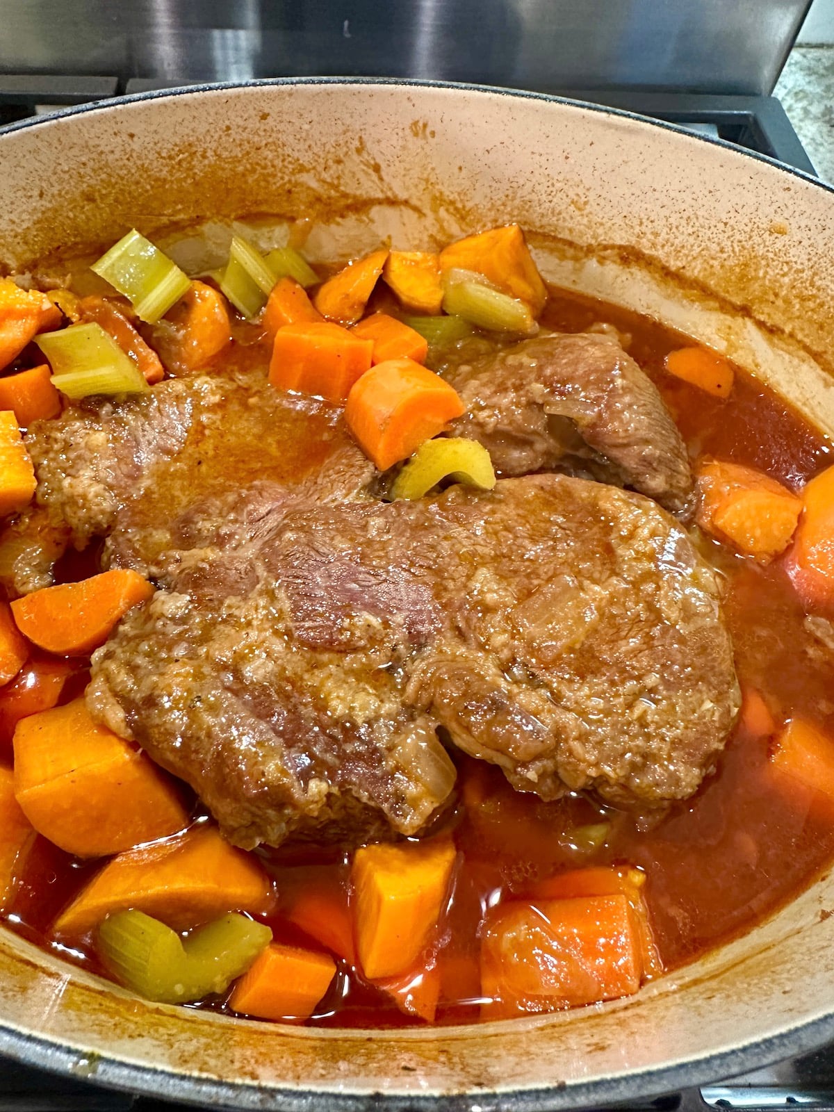 Dutch oven pot roast with vegetables.