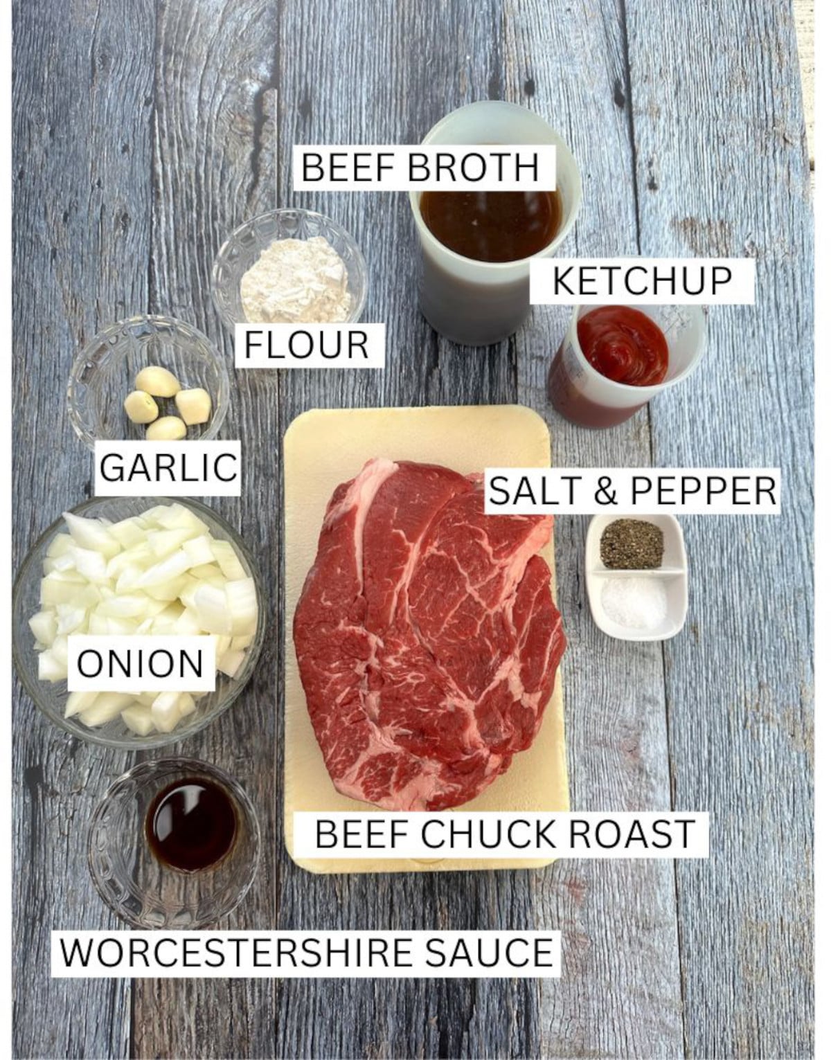 Ingredients for Dutch oven pot roast on a table.