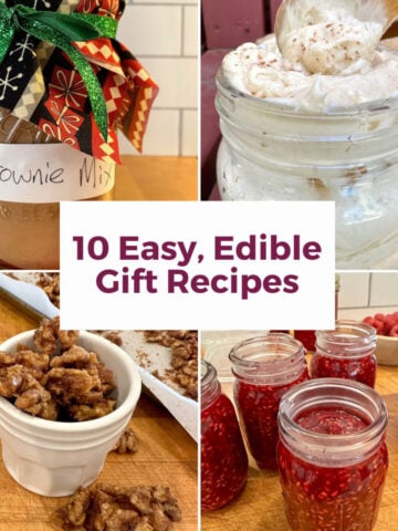 Four edible gift ideas, including raspberry jam, walnuts, butter and brownie mix.