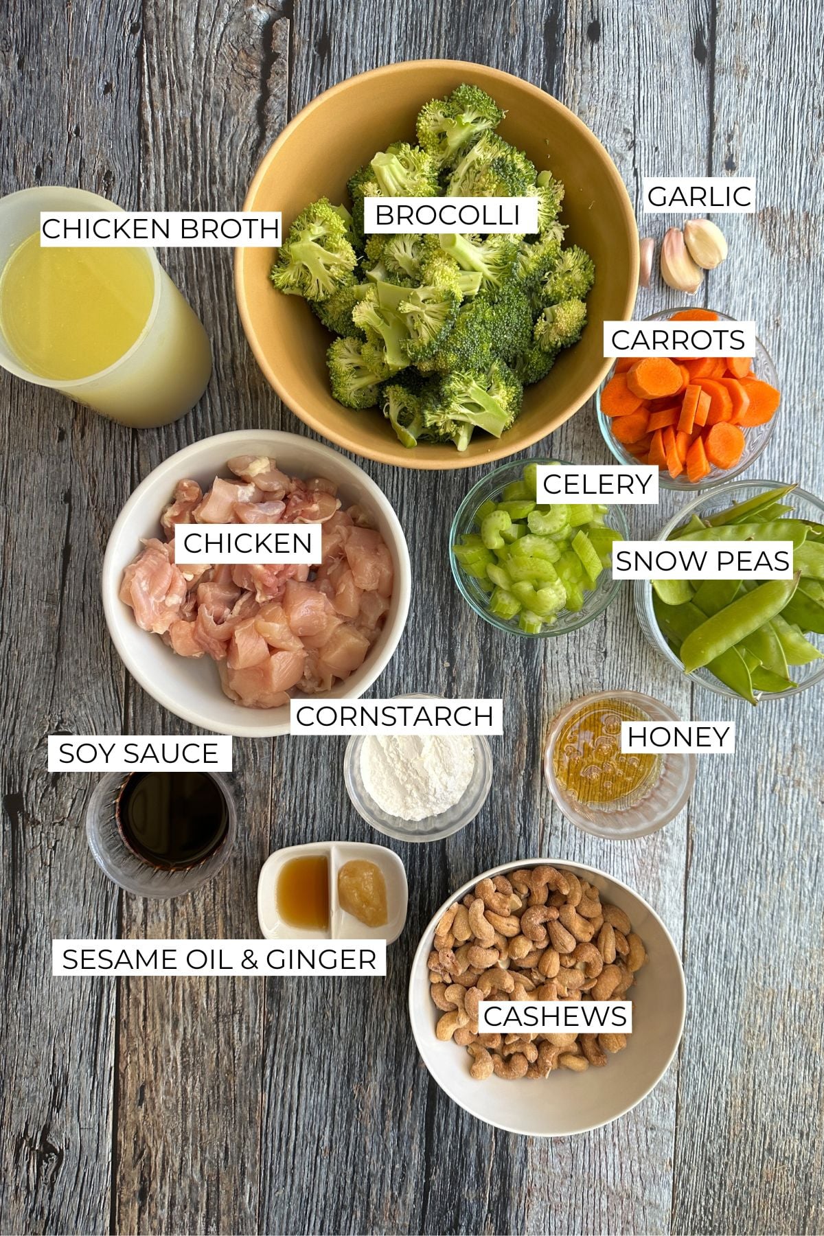 Ingredients for cashew chicken stir fry labeled.