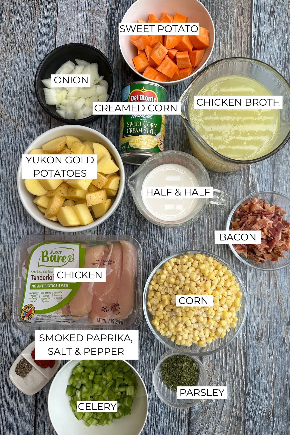 Ingredients for creamy corn and potato soup.