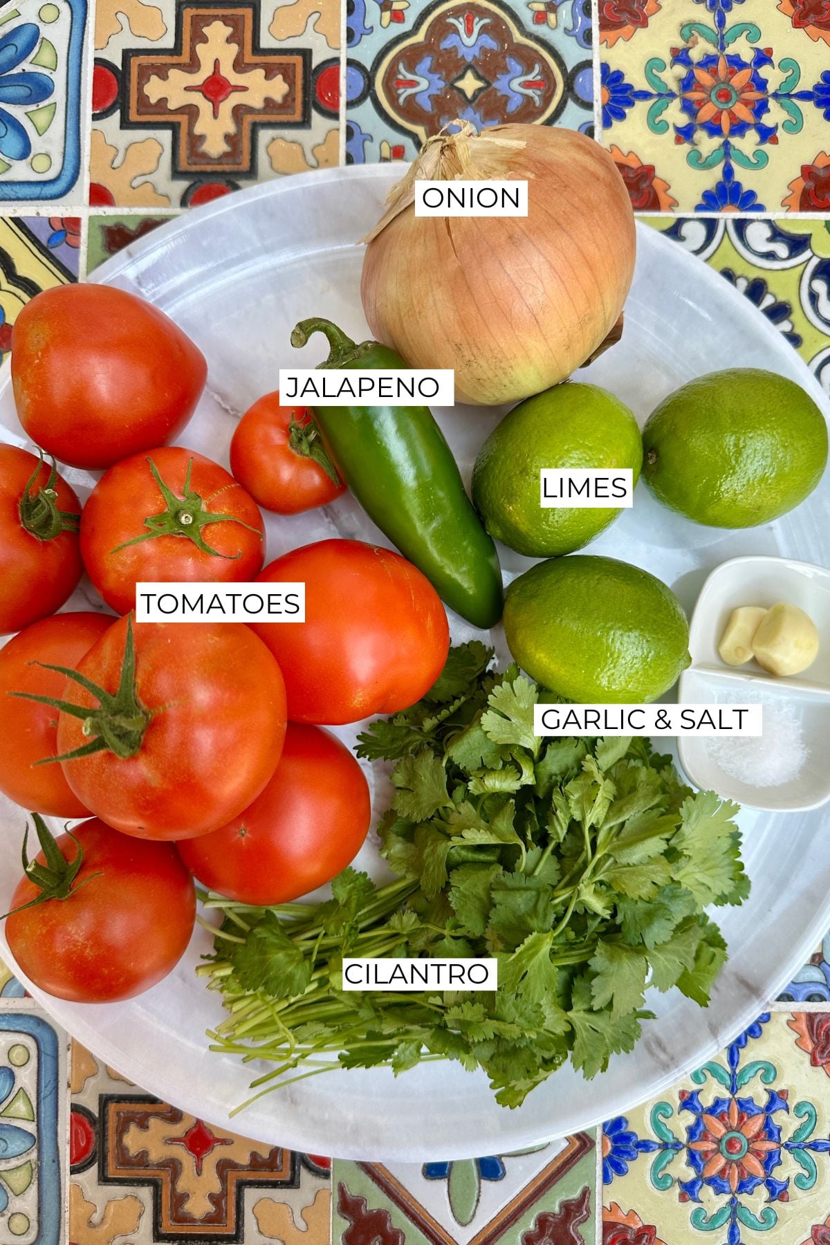 Homemade pico de gallo ingredients labeled.