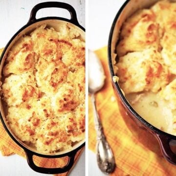 Chicken and sauce topped with biscuits.