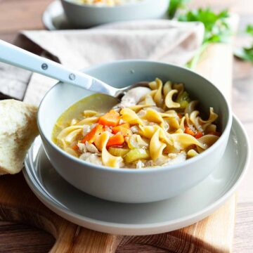 A bowl of Dutch oven chicken noodle soup.