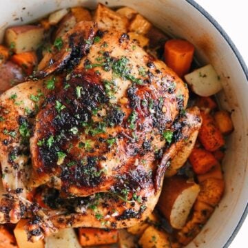 Roast Dutch oven chicken with veggies.
