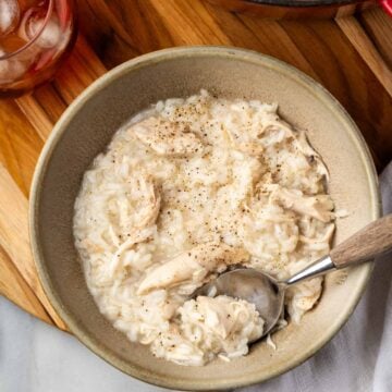 A bowl of chicken and rice.